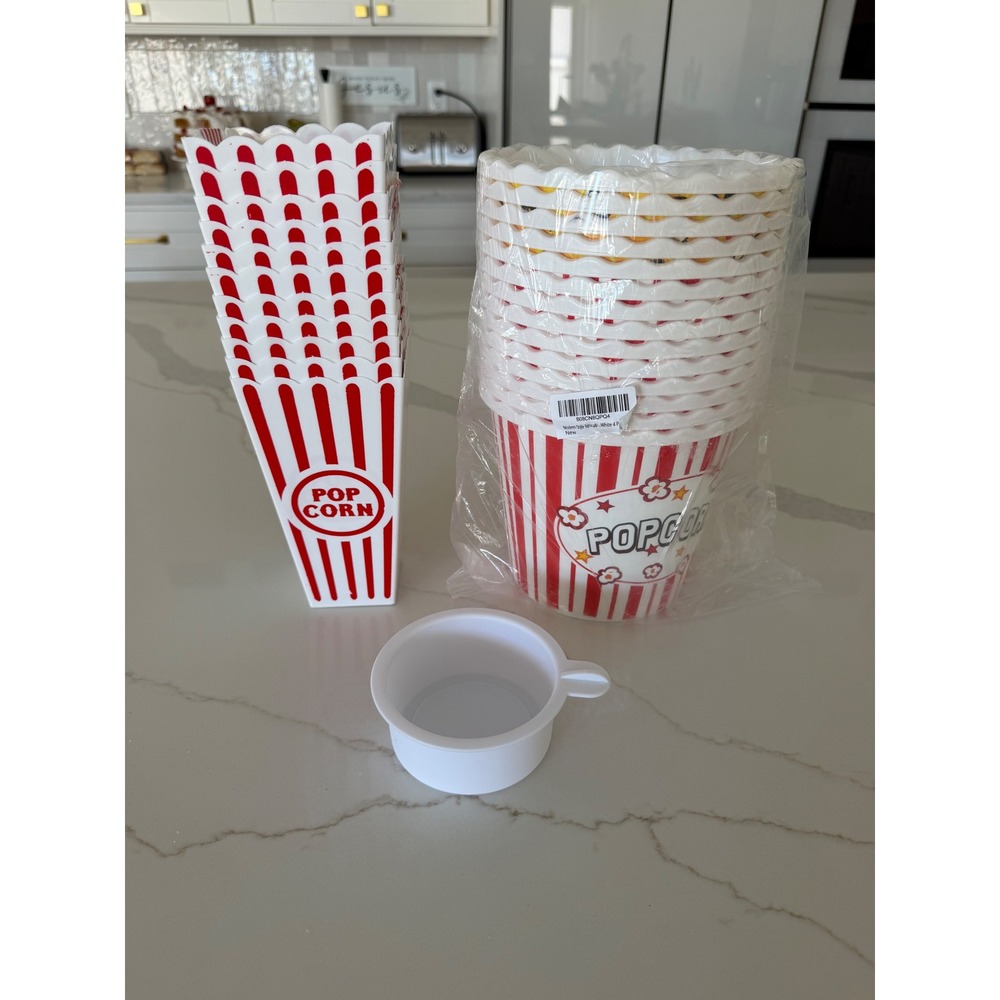 Reusable Plastic Popcorn Buckets and Boxes Set Red White Striped Retro Cinema